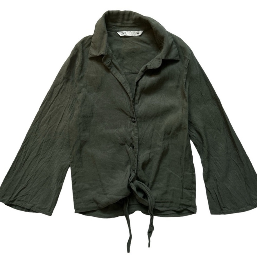 ZARA -  Olive Green Button Down Top With Drawstring